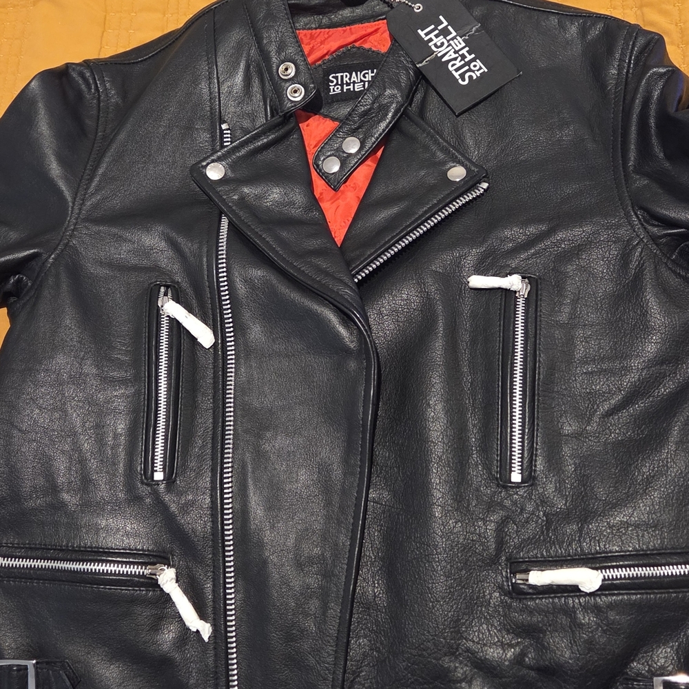 New $375 Straight To Hell Marauder Grain Black Leather Biker Jacket Men Size 42